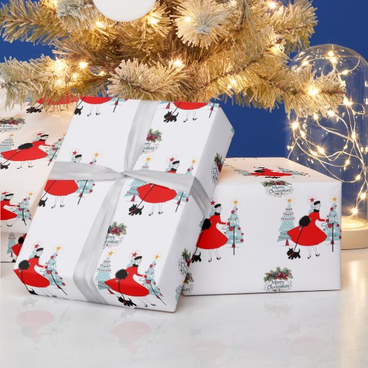 1950 Weihnachtsfrau mit schottischer Terrior Geschenkpapier (Feiertage)