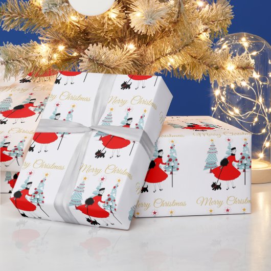 1950 Weihnachtsfrau mit schottischer Terrior Geschenkpapier (Feiertage)