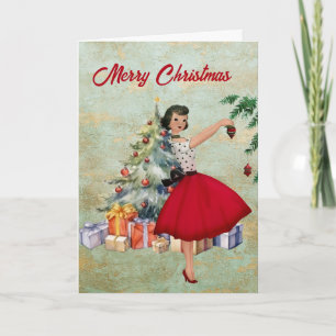 1950 Weihnachtsfrau mit Weihnachtsbaum Karte