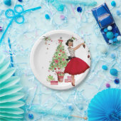 1950 Weihnachtsfrau mit Weihnachtsbaum Pappteller (Party)