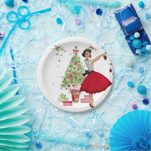 1950 Weihnachtsfrau mit Weihnachtsbaum Pappteller (Party)