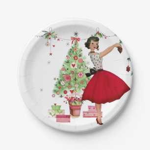 1950 Weihnachtsfrau mit Weihnachtsbaum Pappteller