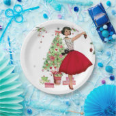 1950 Weihnachtsfrau mit Weihnachtsbaum Pappteller (Party)