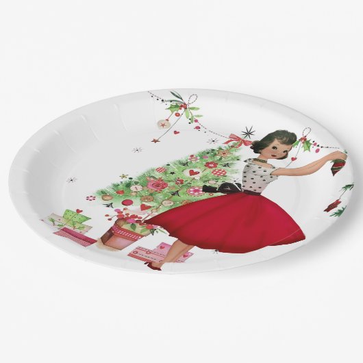 1950 Weihnachtsfrau mit Weihnachtsbaum Pappteller (Schrägansicht)