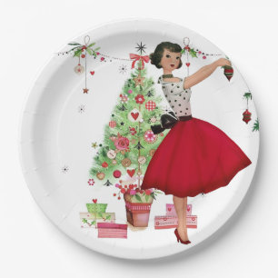 1950 Weihnachtsfrau mit Weihnachtsbaum Pappteller