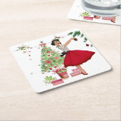 1950 Weihnachtsfrau mit Weihnachtsbaum Rechteckiger Pappuntersetzer (angewinkelt)