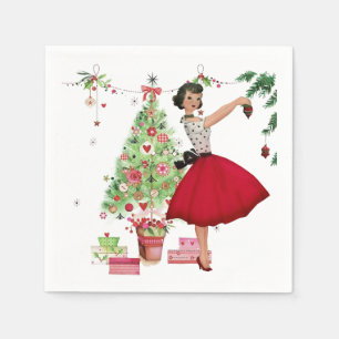 1950 Weihnachtsfrau mit Weihnachtsbaum Serviette