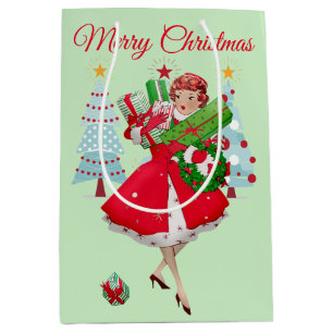 1950 Weihnachtsfrau mit Weihnachtsgeschenken Mittlere Geschenktüte