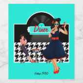 1950er Diner aquamarin schwarz-weiß kariert Weinetikett (Einzelnes Label)