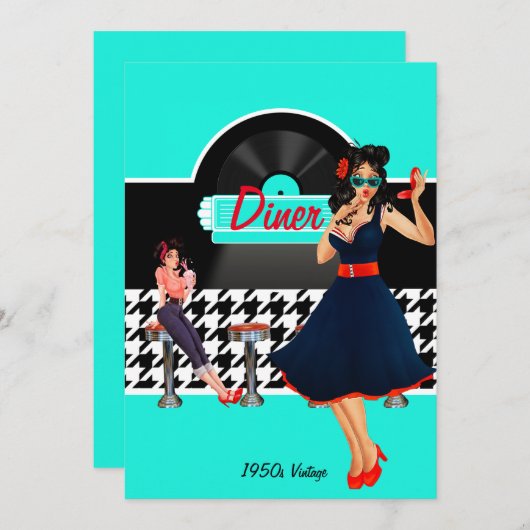 1950er Diner aquamarines schwarz-weißes Retro Einladung (Vorne/Hinten)