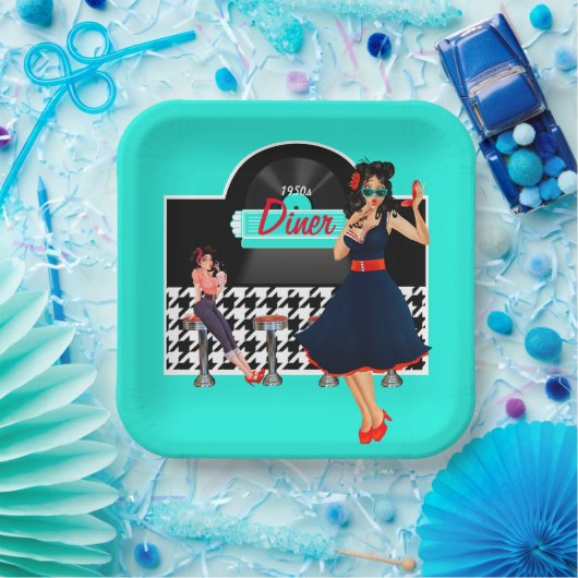 1950er Diner aquamarines schwarz-weißes Retro Pappteller (Party)