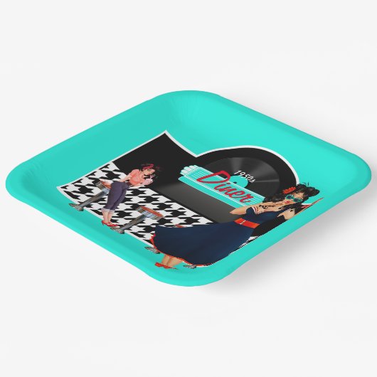 1950er Diner aquamarines schwarz-weißes Retro Pappteller (Gewinkelt)