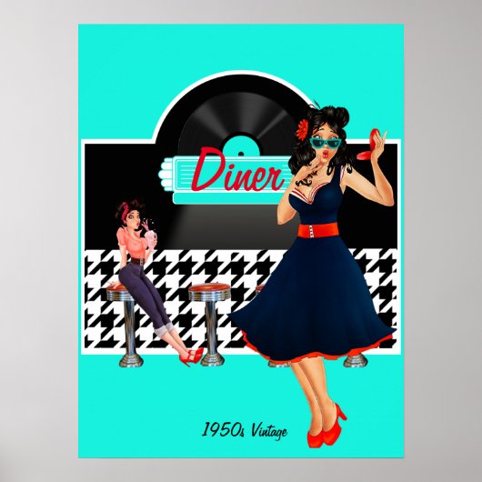 1950er Diner aquamarines schwarz-weißes Retro Poster (Vorne)