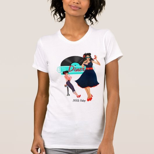 1950er Diner aquamarines schwarz-weißes Retro T-Shirt (Vorderseite)