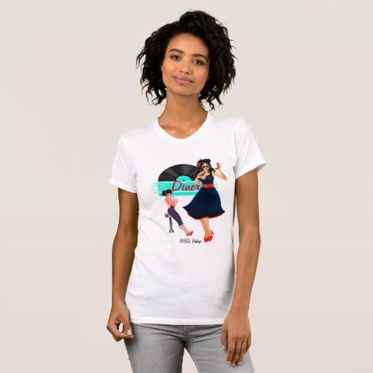 1950er Diner aquamarines schwarz-weißes Retro T-Shirt (Vorne ganz)