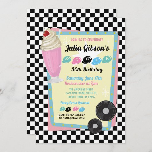 1950er Diner Birthday Retro Party Fifties Einladun Einladung (Vorne/Hinten)