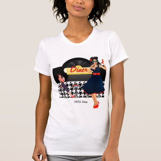 1950er Diner gelb, schwarz und weiß kariert T-Shirt (Vorderseite)