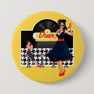 1950er Jahre Diner gelb schwarz & weiß kariert Button