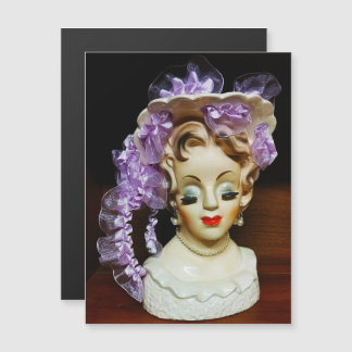 1950er MCM Schönheitshülse Lila Ribbons Lady Head  Magnetkarte