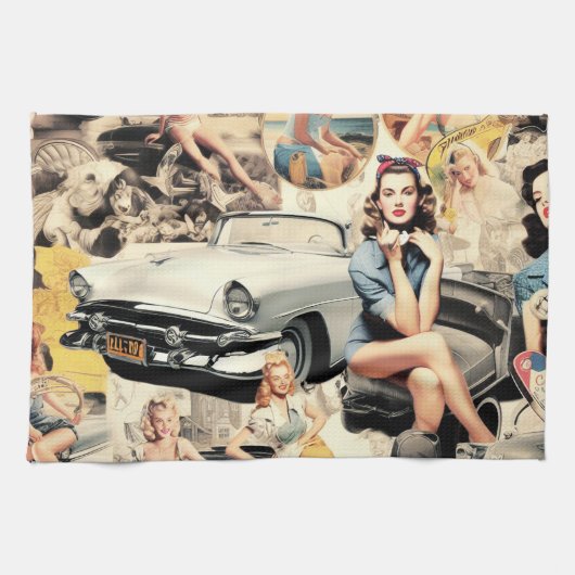1950er Retro Mädchen Collage Geschirrtuch (Horizontal)
