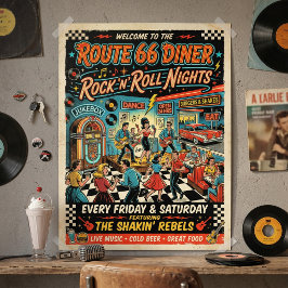 1950er Route 66 Diner Rock 'n' Roll Nächte Vintage Poster