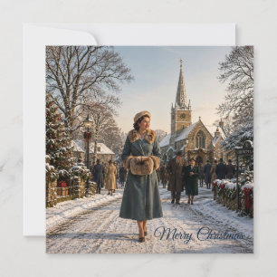 1950er Weihnachtsdame englisches Dorf Feiertagskarte