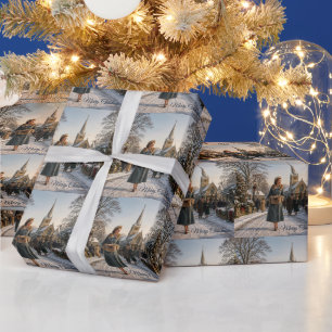 1950er Weihnachtsdame englisches Dorf Geschenkpapier