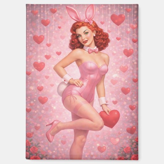 1950s Inspired Pink Bunny Art | Playful Valentine  Magnet (Vorderseite)