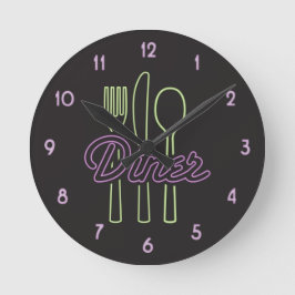 1950s Neon Diner Green, purple silverware Runde Wanduhr