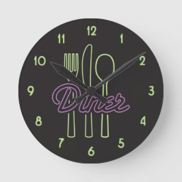 1950s Neon Diner Green, purple silverware Runde Wanduhr