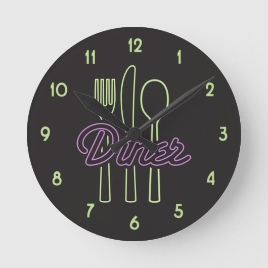1950s Neon Diner Green, purple silverware Runde Wanduhr (Vorderseite)