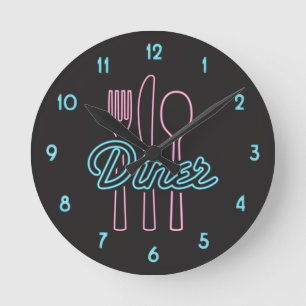 1950s Neon Diner Pink, Blue Silverware Round Clock Runde Wanduhr