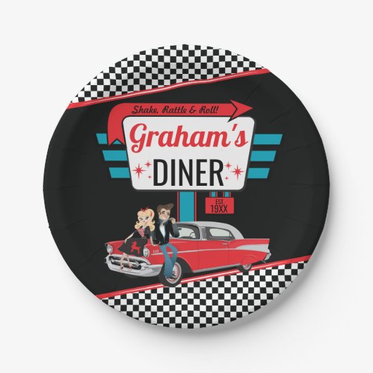1950's Retro Diner Black, Teal, Red Birthday Party Pappteller (Vorderseite)