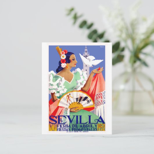 1952 Sevilla Spanien April Fair Poster Postkarte (Stehend Vorderseite)