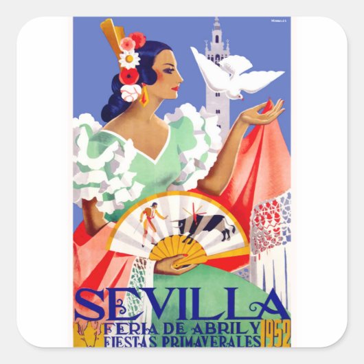 1952 Sevilla Spanien April Fair Poster Quadratischer Aufkleber (Vorderseite)