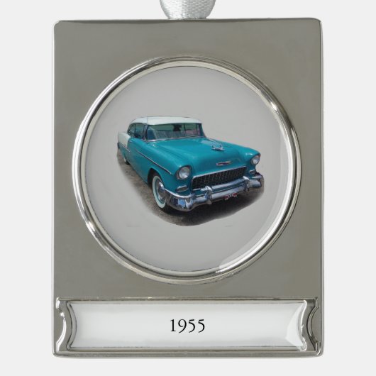 1955 Blau-Weiß-Banner für klassische Autos Banner-Ornament Silber (Vorderseite)