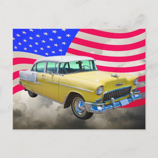 1955 Chevrolet Bel Air mit amerikanischer Flagge Postkarte (Vorderseite)