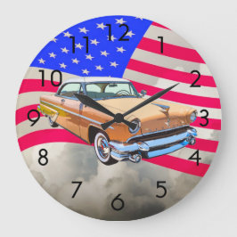 1955 Lincoln Capri mit amerikanischer Flagge Große Wanduhr