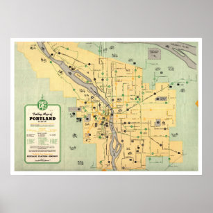 1955 Portland Oregon Trolley Streetcar Karte Poster