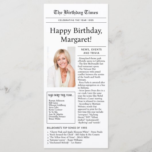 1955 Trivia, 70th birthday Flat Menu style Card Menükarte (Vorderseite)