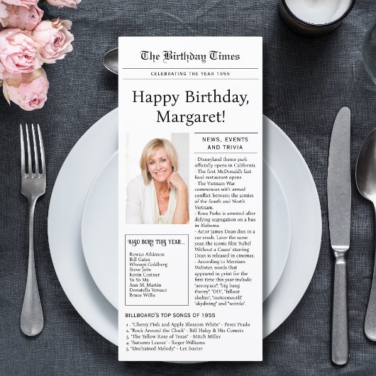 1955 Trivia, 70th birthday Flat Menu style Card Menükarte