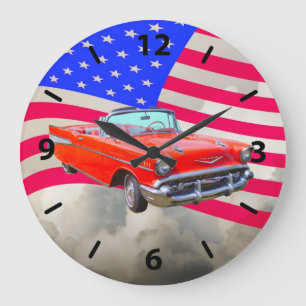 1957 Chevrolet Bel Air Classic Car und US-Flagge Große Wanduhr