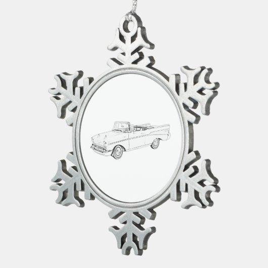 1957 Chevy Bel Air Convertible Bleistift Zeichnend Schneeflocken Zinn-Ornament (Rechts)