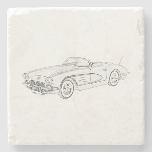 1958 Chevy Corvette Schwarz-Weiß Stift Zeichnend Steinuntersetzer (Vorderseite)