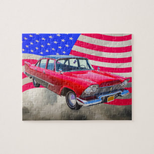 1958 Plymouth Savoy Auto mit amerikanischer Flagge Puzzle