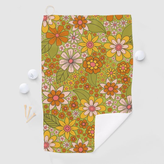 1960er, 1970er Jahre, grün & orange Retro floral Golfhandtuch (Insitu)