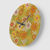 1960er, 1970er Jahre, grün & orange Retro floral Große Wanduhr (Winkel)