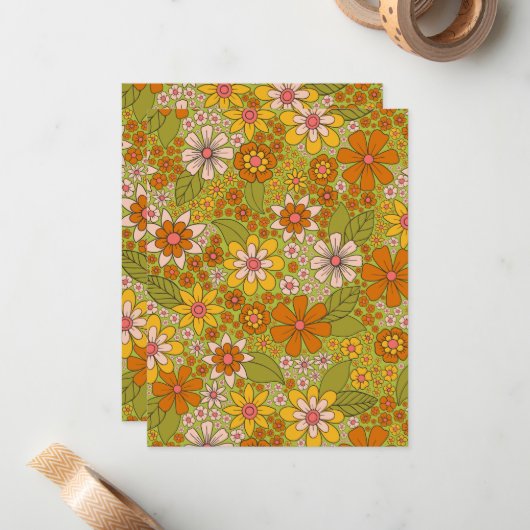 1960er, 1970er Jahre, grün & orange Retro floral Mitteilungskarte (Vorderseite/Rückseite Beispiel)