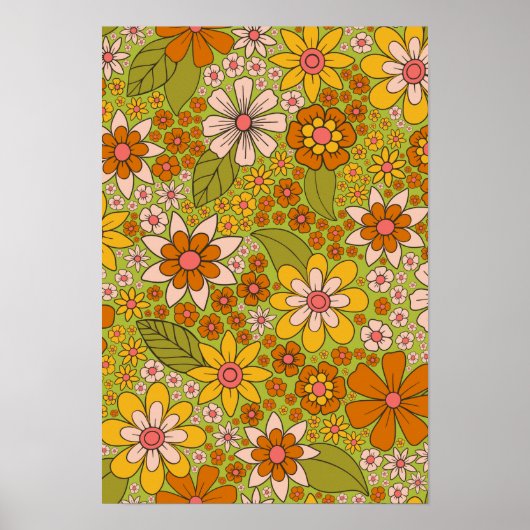 1960er, 1970er Jahre, grün & orange Retro floral Poster (Vorne)