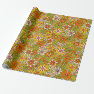 1960er, 1970er Retro-Blumenmuster in Grün und Oran Geschenkpapier